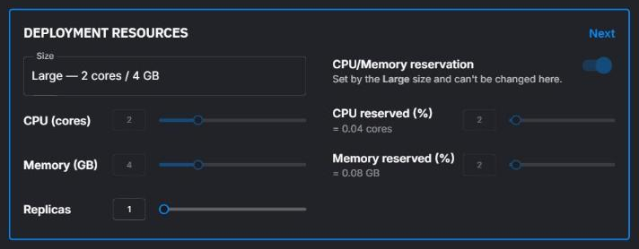 The Deployment resources panel with the Large size picked: CPU and memory locked at 2 cores and 4 GB, and the CPU/Memory reservation toggle locked on with the size's 2% reservations, which reserve 0.04 cores and 0.08 GB