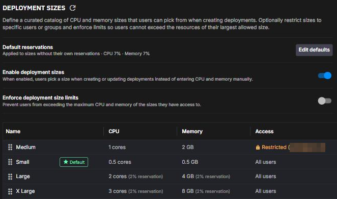 The Deployment Sizes settings page: the default reservations row, the Enable deployment sizes and Enforce deployment size limits toggles, and an example catalog of sizes with their CPU, memory, reservation and access