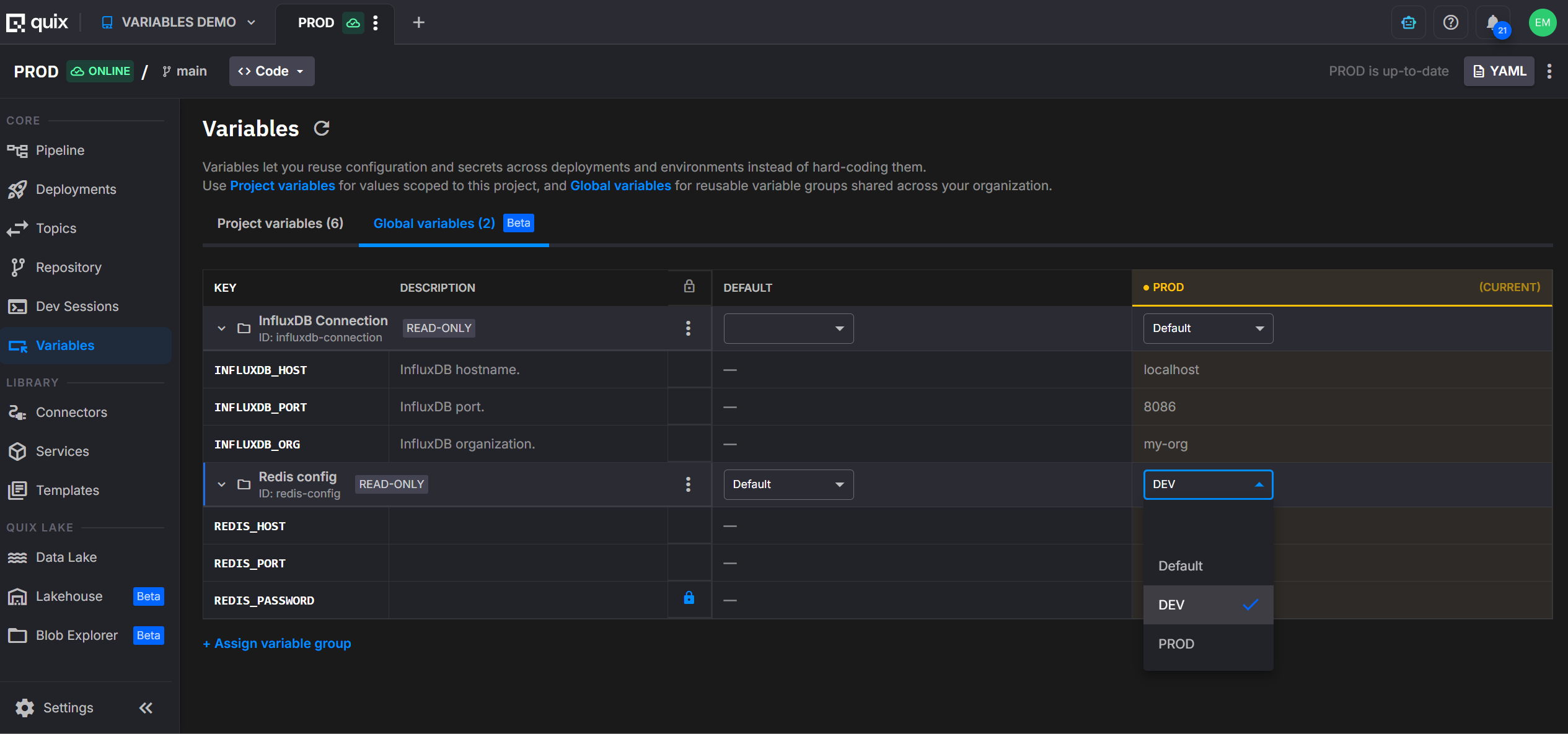 Choosing a value set for an environment from the per-environment dropdown
