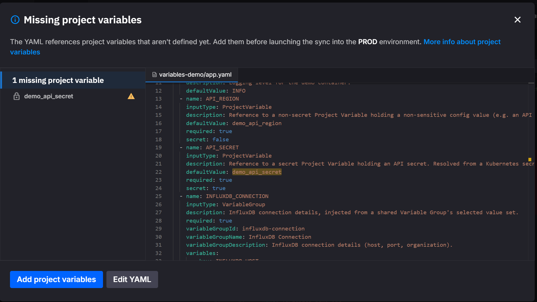 The Missing project variables modal, shown when a sync references a variable that is not yet defined